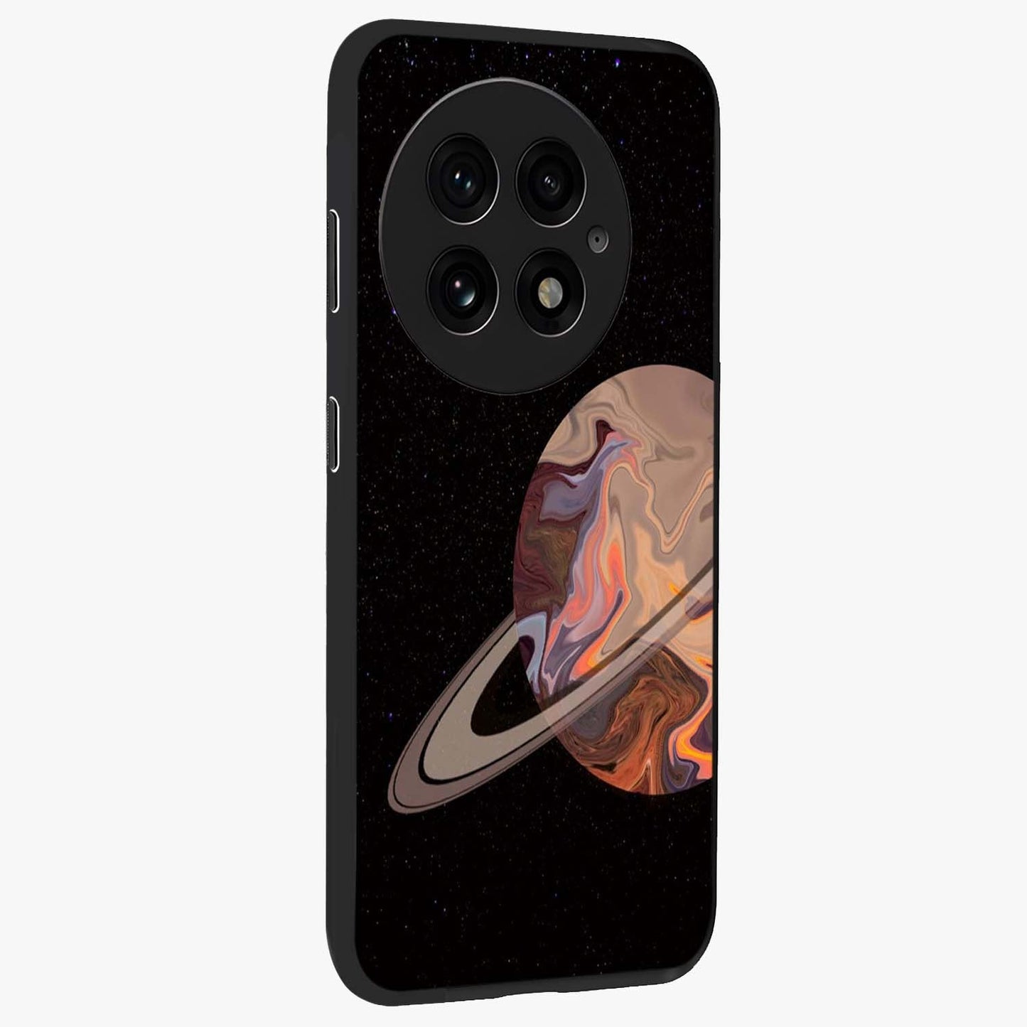Mystic Saturn Aesthetic Glass Case for 1+13 side perspective highlighting planetary detailing and premium edge finish