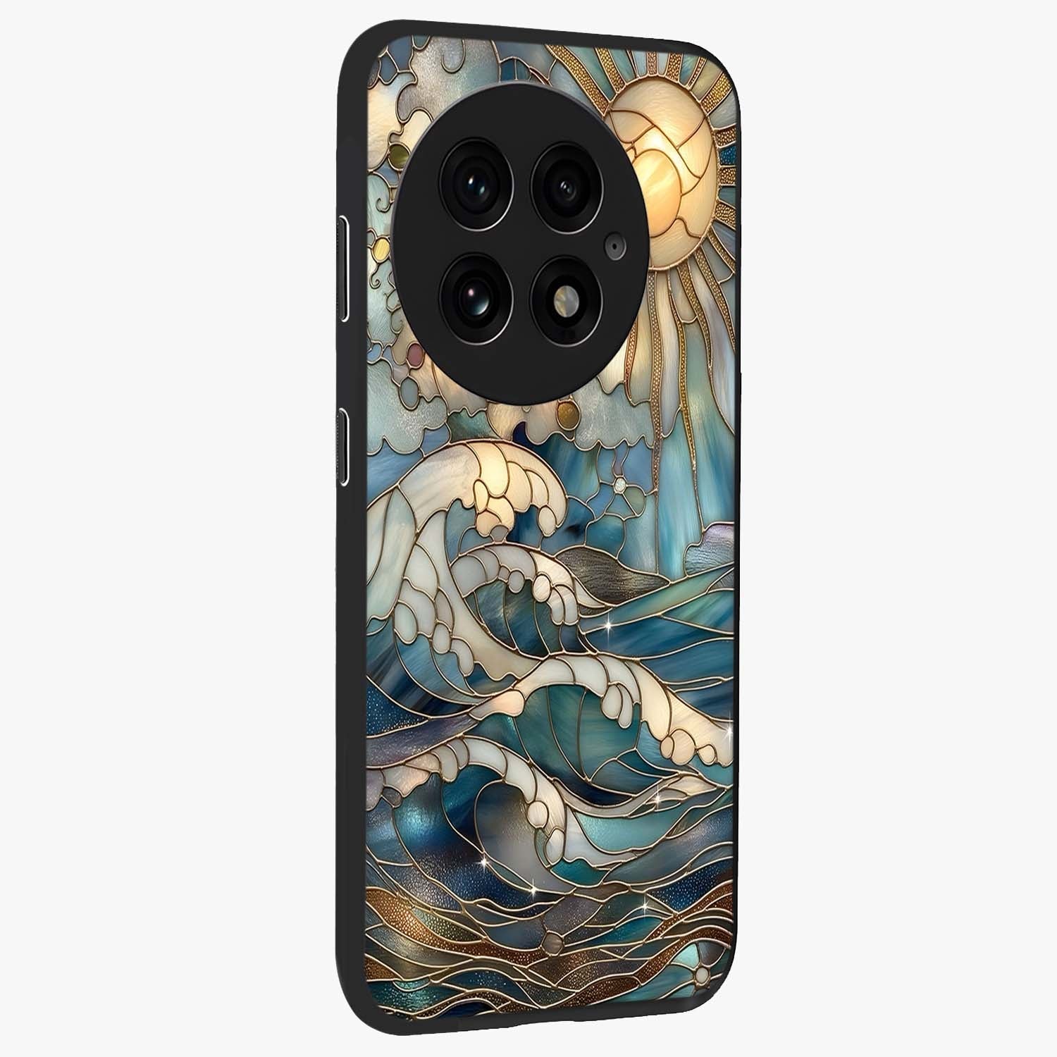 Ocean Mosaic Art Glass Case for 1+13 side perspective highlighting intricate tile textures and smooth build