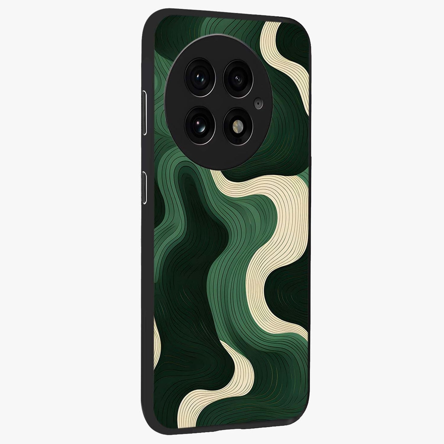 Organic Swirl Design Glass Case for 1+13 side perspective highlighting fluid textures and premium edges