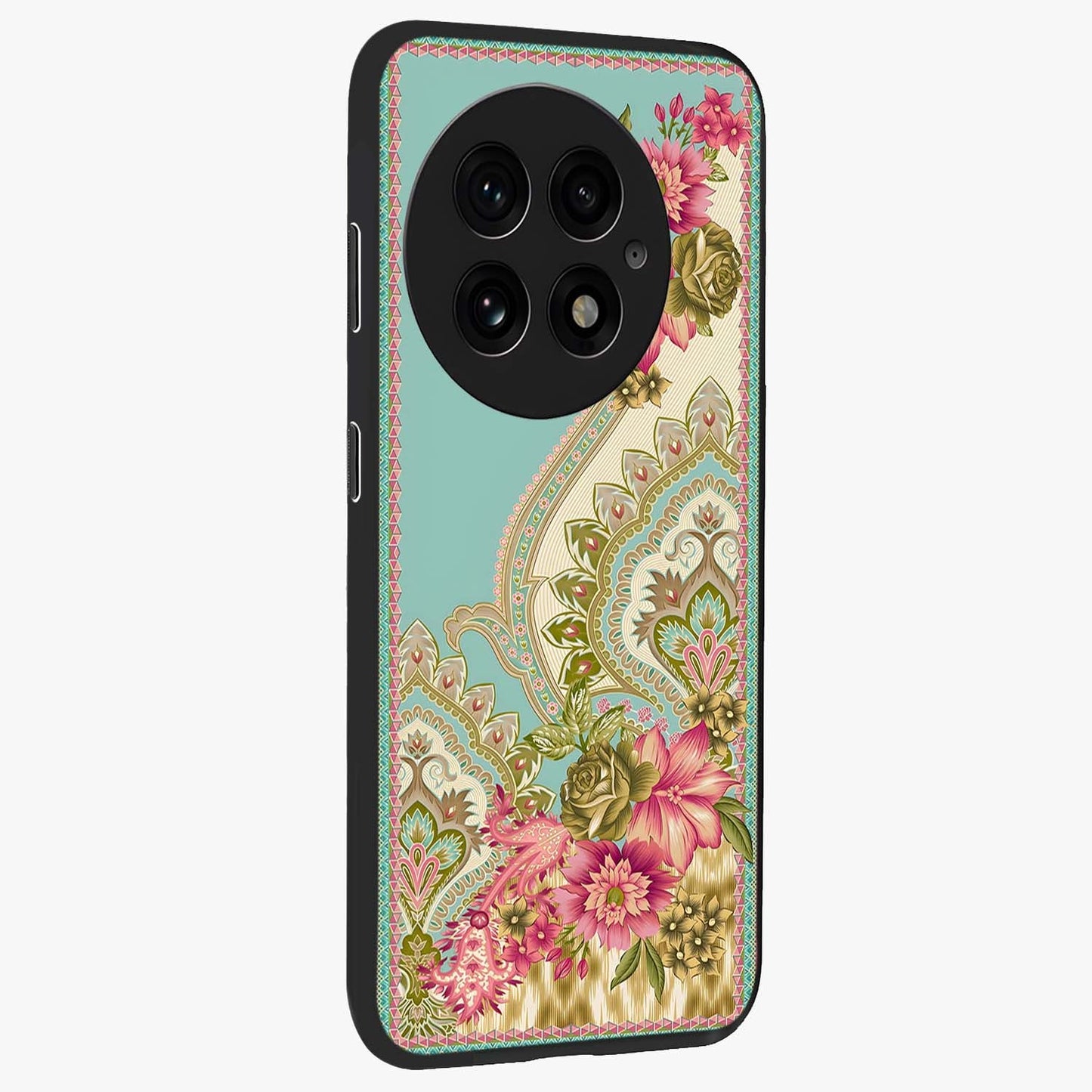 Ornate Mughal Floral Pattern Glass Case for 1+13 side perspective highlighting detailed ornamental textures and sleek build