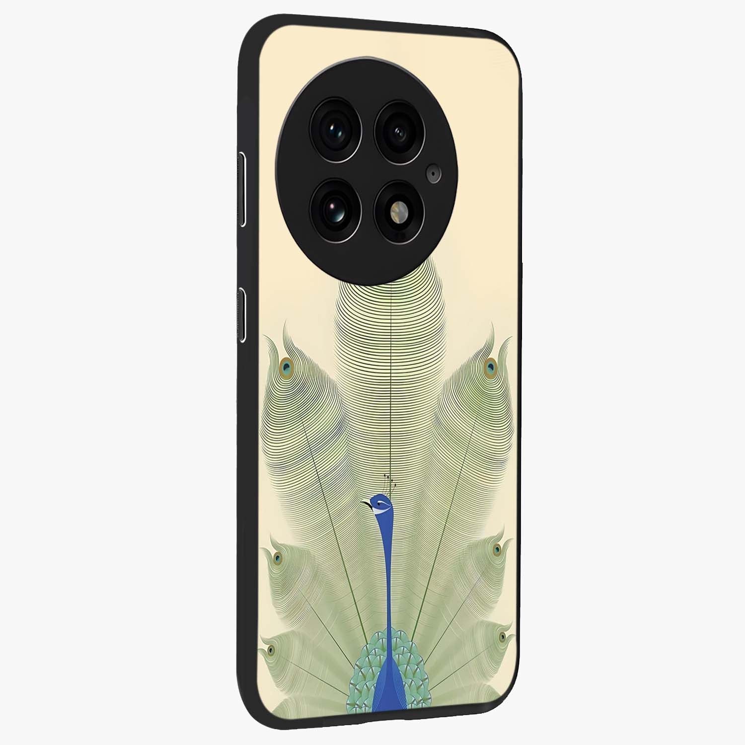 Peacock Feather Grace Glass Case for 1+13 side perspective highlighting intricate plume textures and premium edges