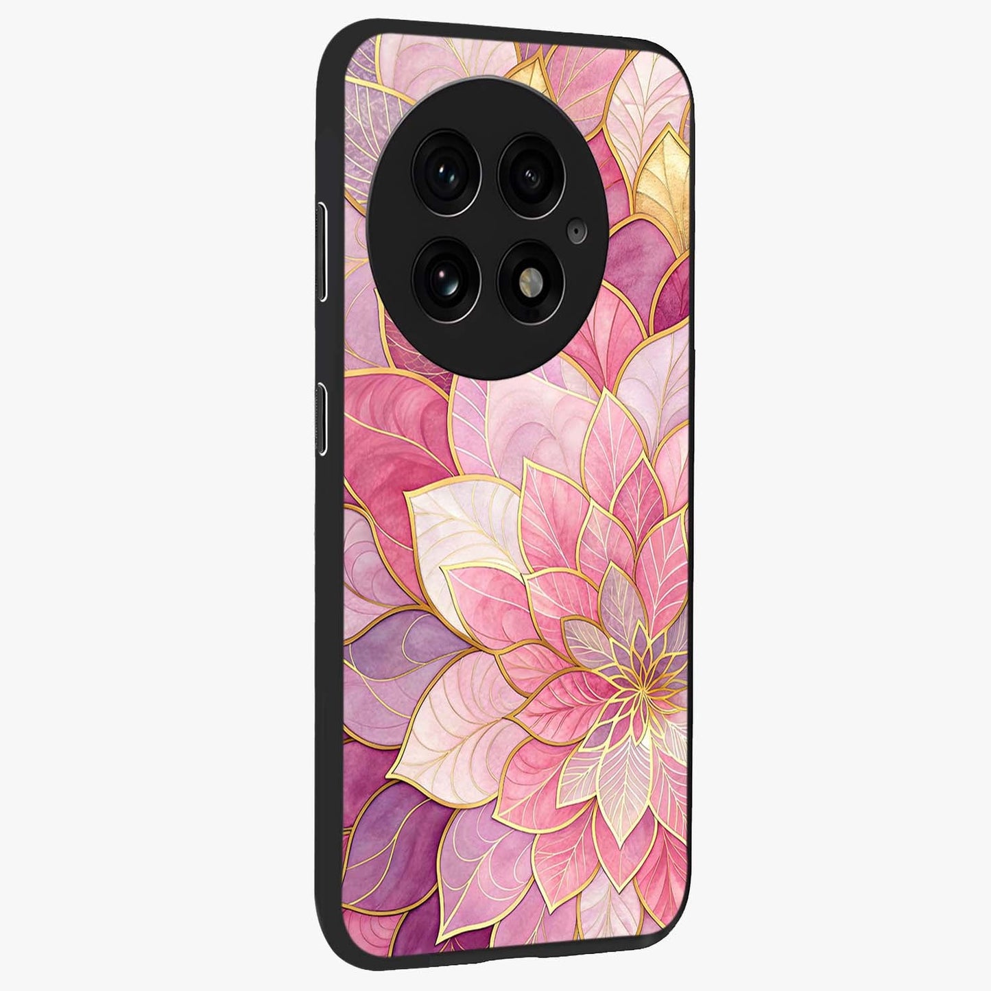 Petal Luxe Bloom Glass Case for 1+13 side perspective highlighting elegant textures and premium edge finish