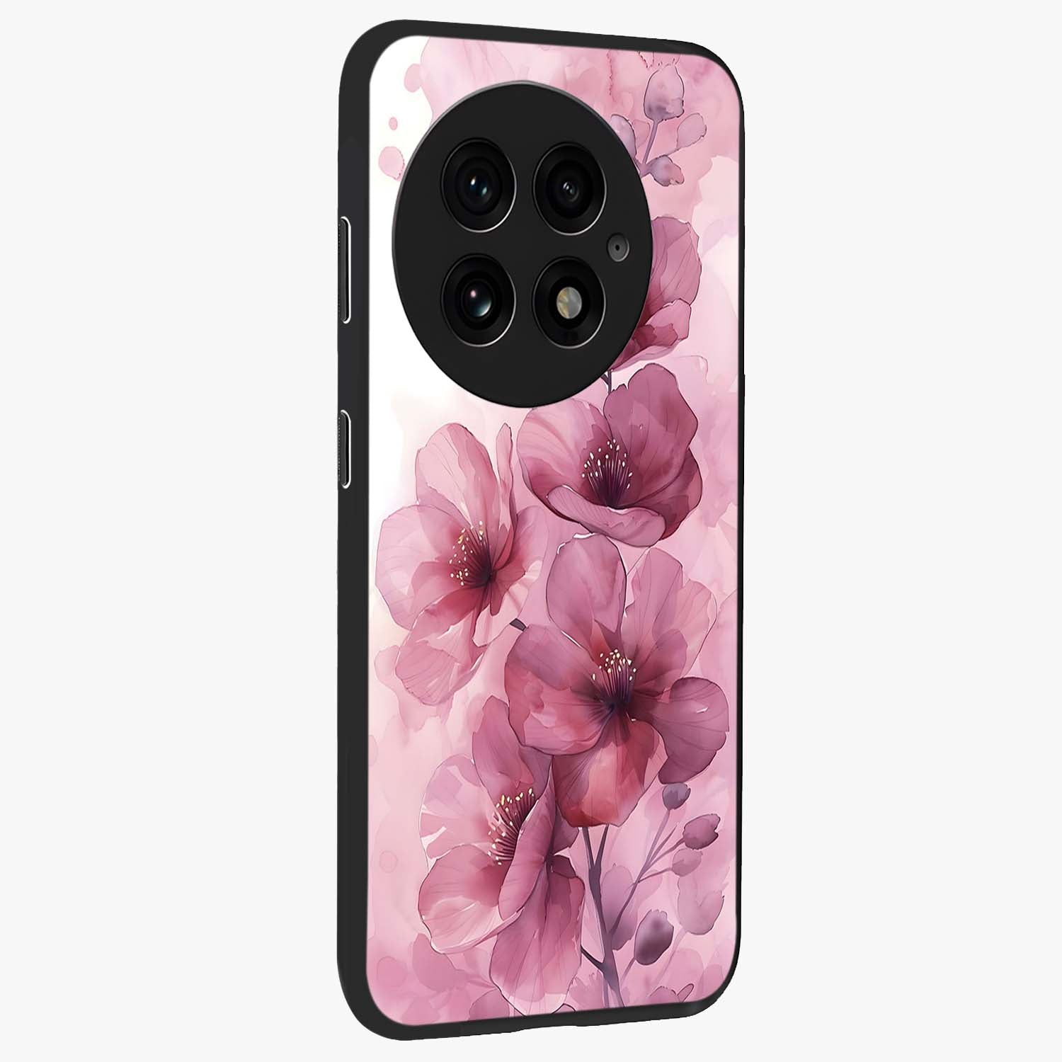 Pink Floral Glass Case for 1+13 side perspective highlighting subtle floral textures and premium edges