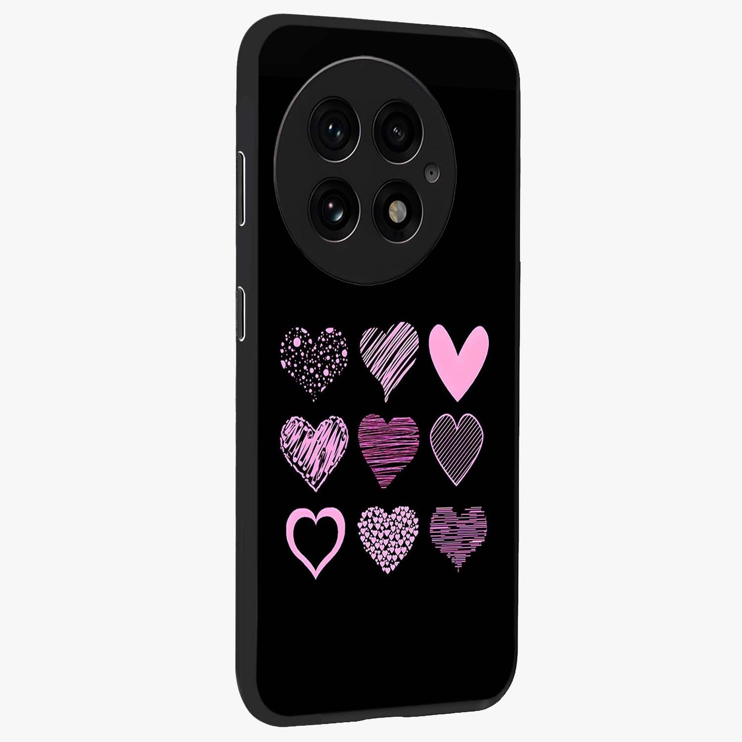 Pink Heart Aesthetic Glass Case for 1+13 side perspective highlighting smooth textures and premium edge finish