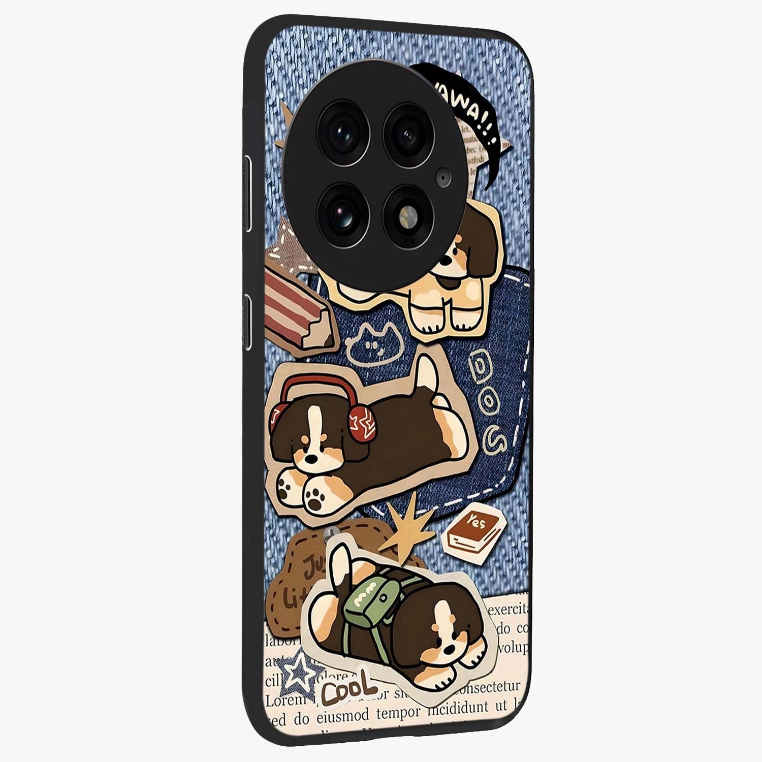 Puppy Sticker Parade Glass Case for 1+13 side perspective highlighting fun sticker textures and premium edges