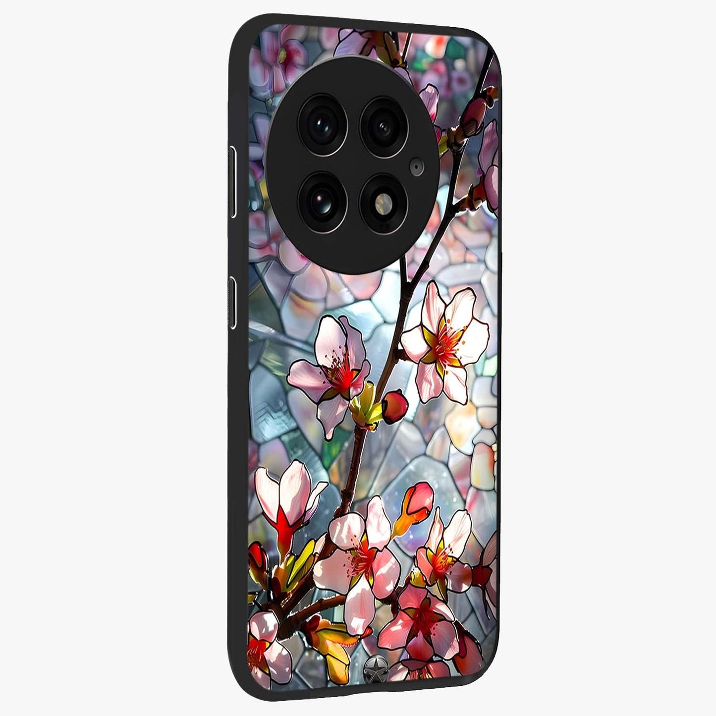 Radiant Bloom Glow Glass Case for 1+13 side perspective highlighting radiant textures and sleek premium build