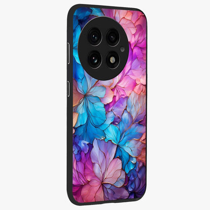 Radiant Floral Whirl Glass Case for 1+13 side perspective highlighting flowing textures and premium edges
