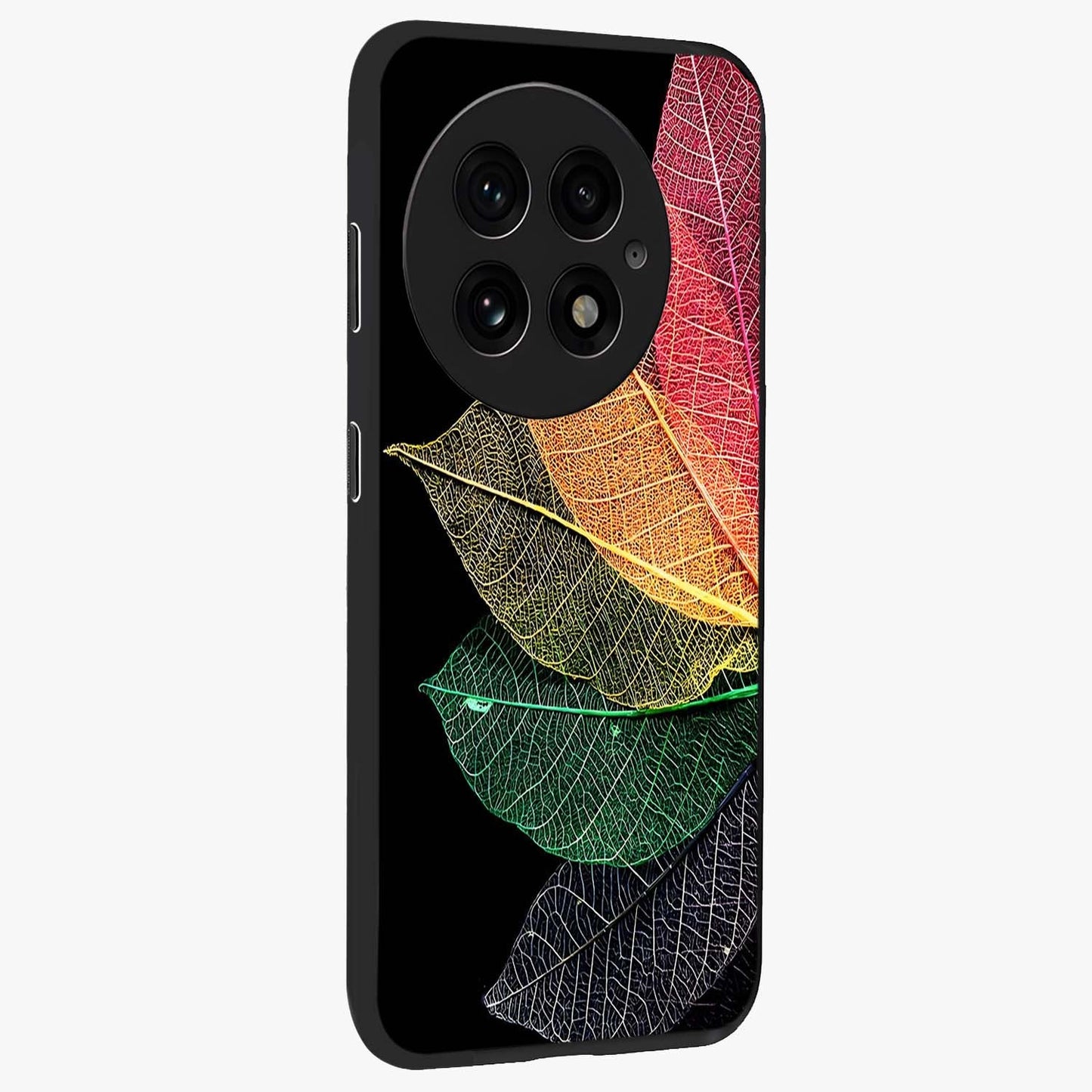 Rainbow Leaf Glow Glass Case for 1+13 side perspective highlighting bright detailing and premium edge finish