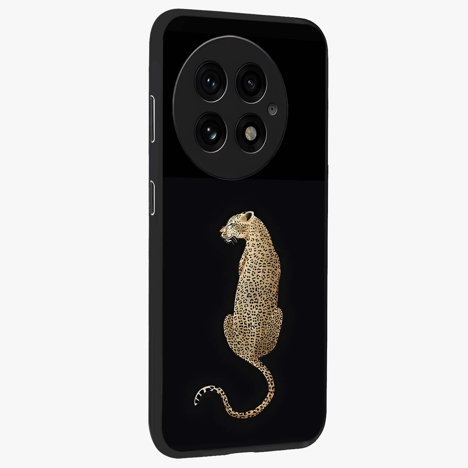 Regal Leopard Glass Case for 1+13 side perspective highlighting fierce pattern detailing and premium edges