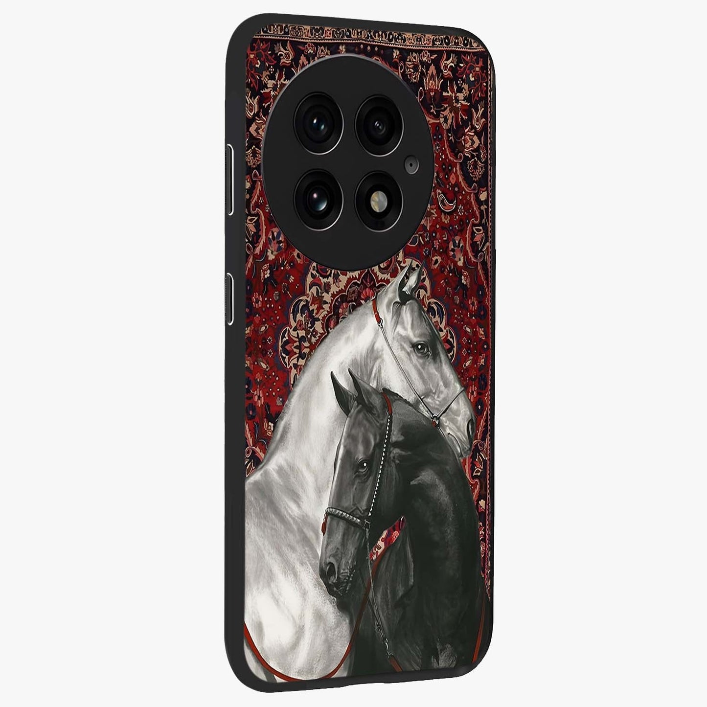 Regal Stallion Tapestry Glass Case for 1+13 side perspective highlighting intricate equestrian textures and premium edges