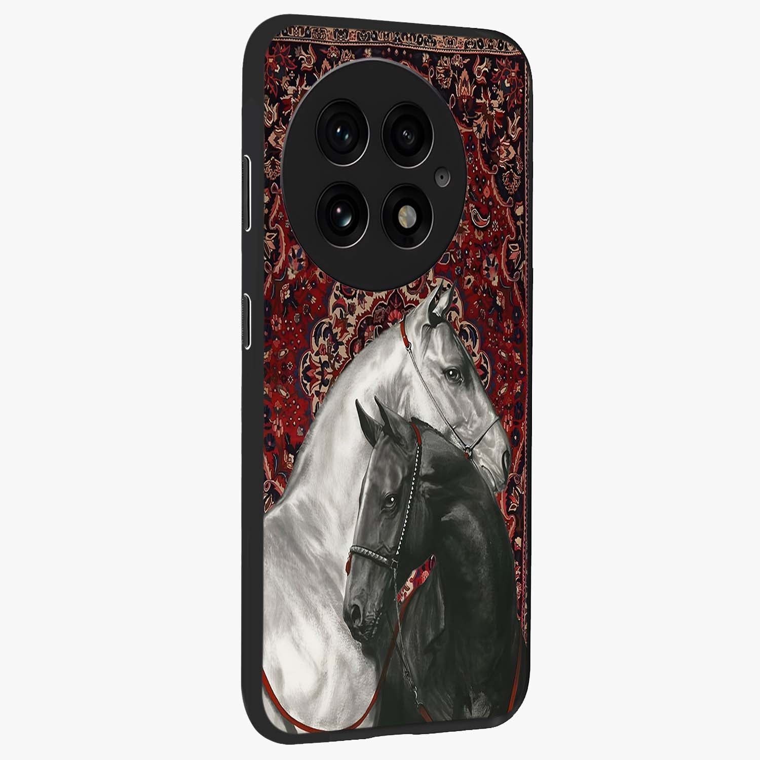 Regal Stallion Tapestry Glass Case for 1+13 side perspective highlighting intricate equestrian textures and premium edges