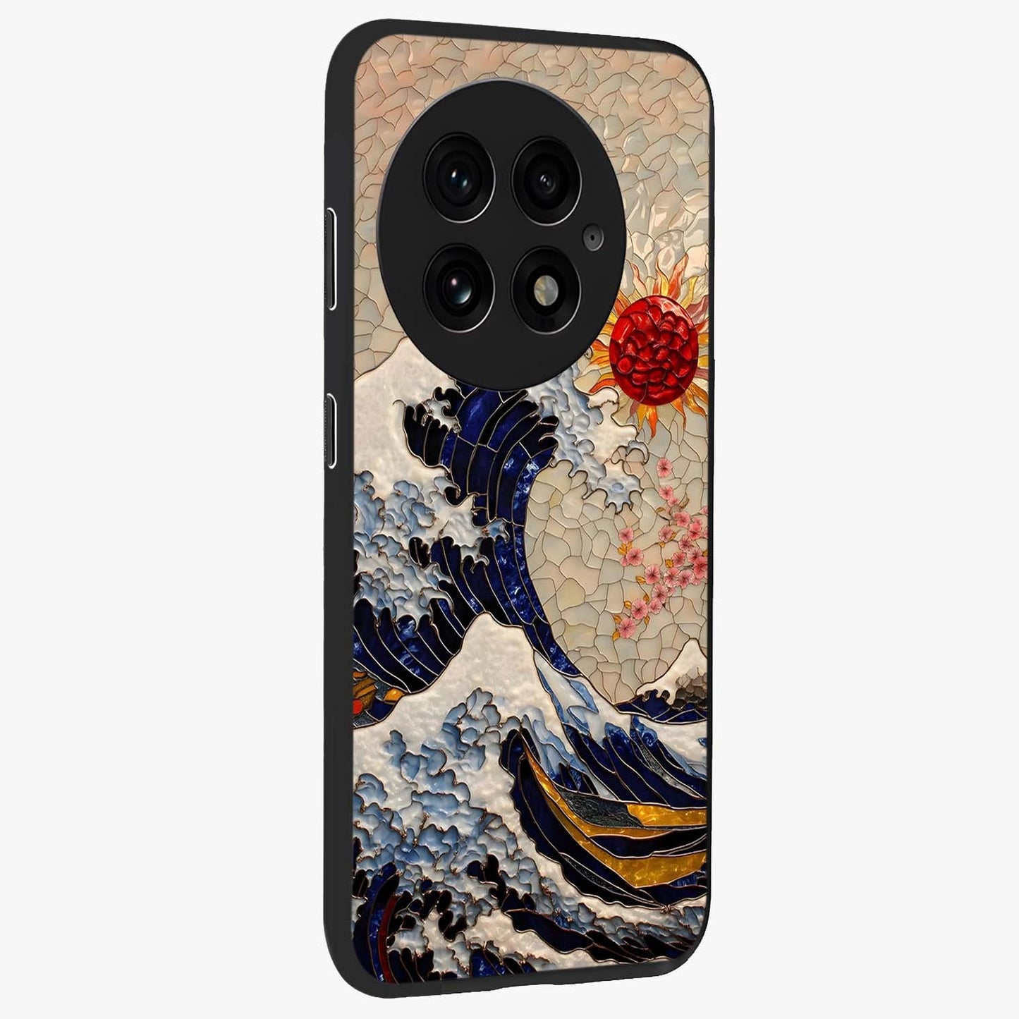 Rising Wave Glory Glass Case for 1+13 side perspective highlighting fluid wave textures and sleek premium build
