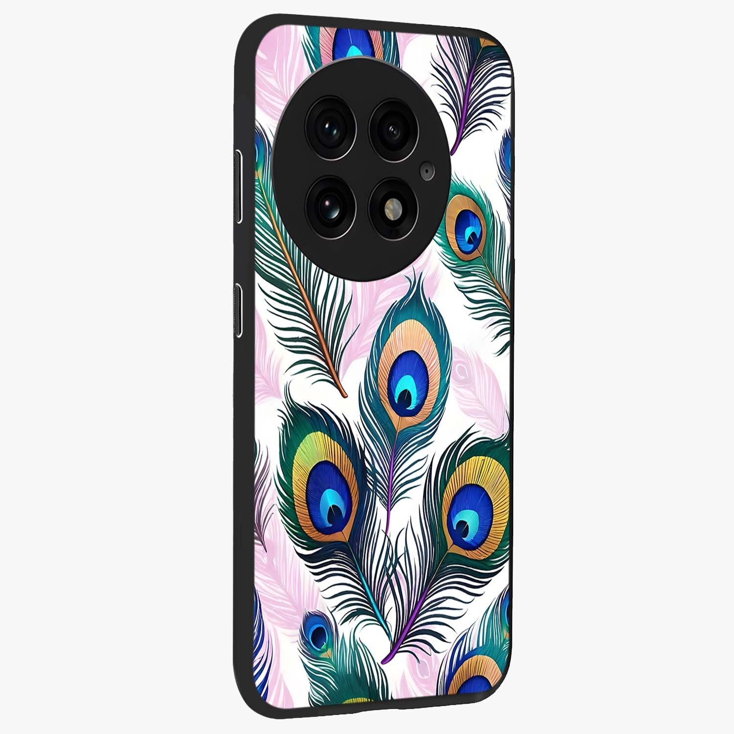 Royal Peacock Feathers Glass Case for 1+13 side perspective highlighting intricate plume textures and sleek premium build