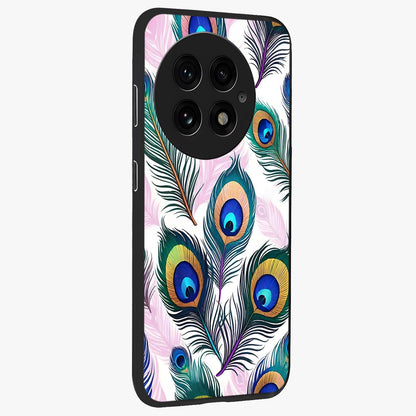 Royal Peacock Feathers Glass Case for 1+13 side perspective highlighting intricate plume textures and sleek premium build