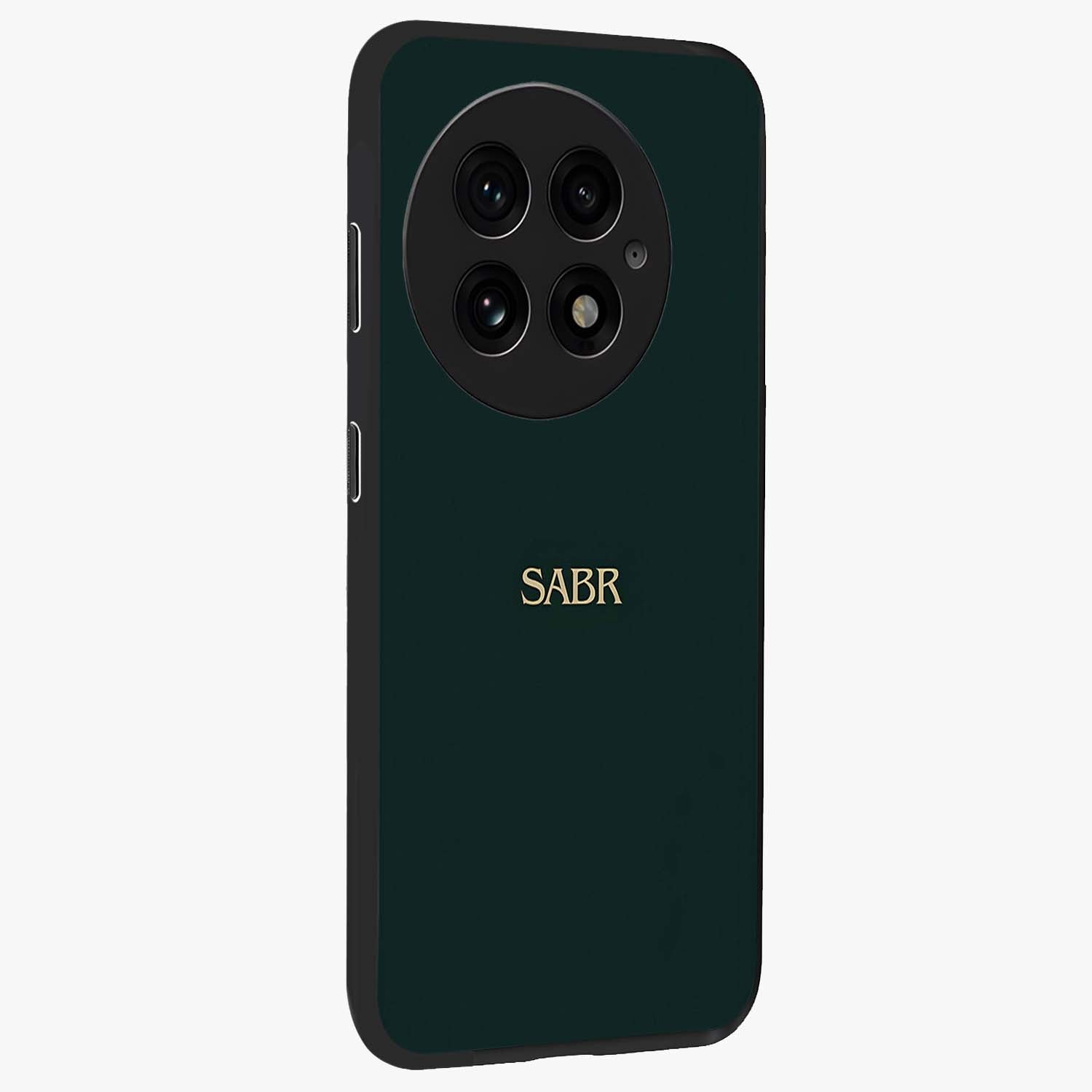 Sabr Minimal Patience Glass Case for 1+13 side perspective highlighting elegant text detailing and sleek build