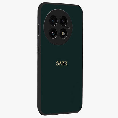 Sabr Minimal Patience Glass Case for 1+13 side perspective highlighting elegant text detailing and sleek build