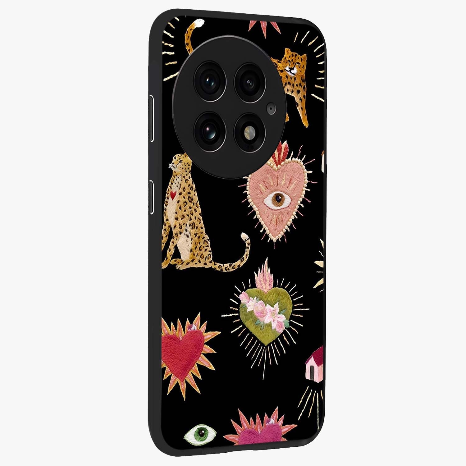 Sacred Jungle Heart Glass Case for 1+13 side perspective highlighting lush textures and premium edges