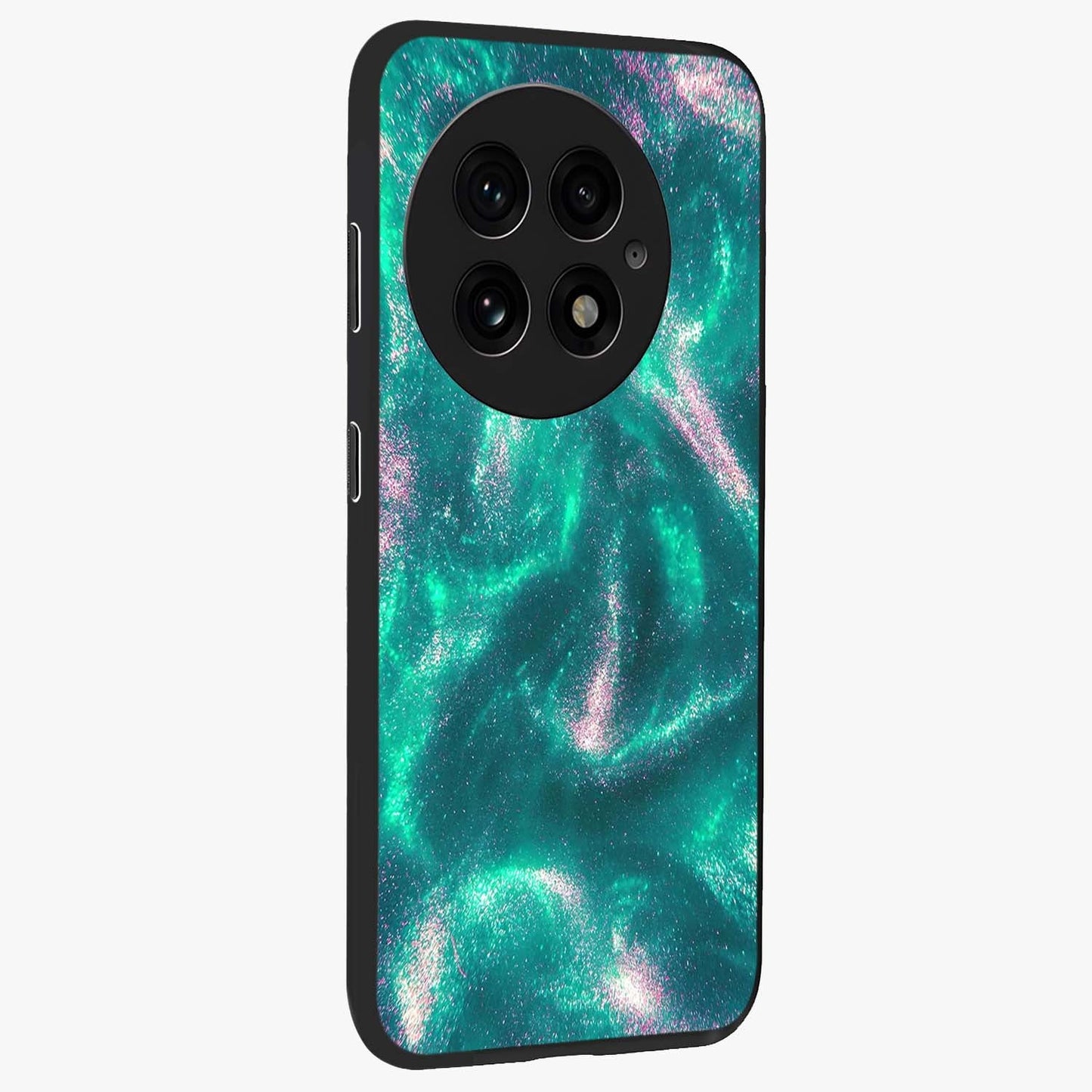 Shimmering Nebula Waves Glass Case for 1+13 side perspective highlighting luminous textures and smooth build