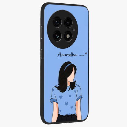 Soft Hearts Girl Glass Case for 1+13 side perspective highlighting delicate illustration textures and smooth build