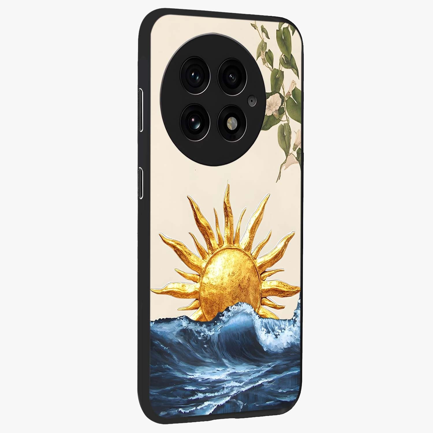 Solar Wave Bloom Glass Case for 1+13 side perspective highlighting radiant textures and premium edges