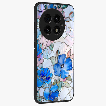 Stained Blue Floral Glass Case for 1+13 side perspective highlighting intricate bloom textures and premium edges