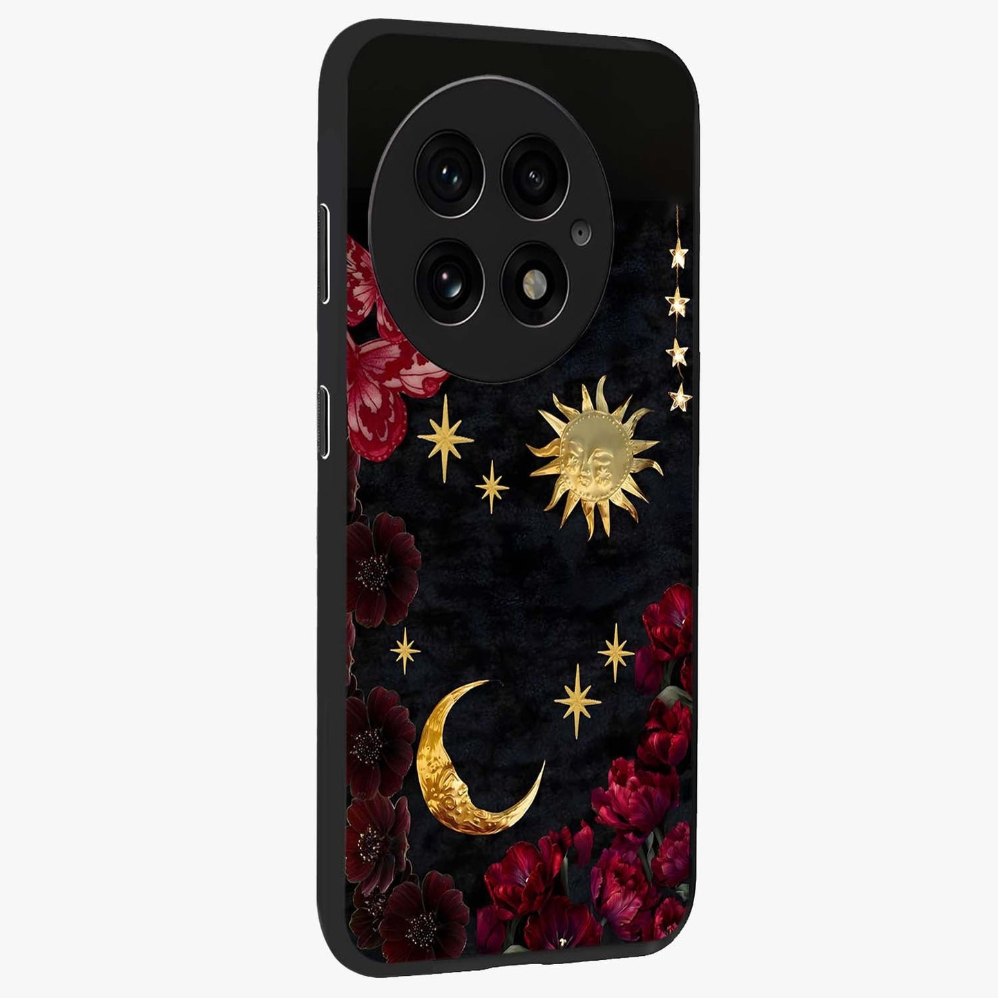 Sunflower Custom Name Glass Case for 1+13 side perspective highlighting custom typography and vibrant bloom textures