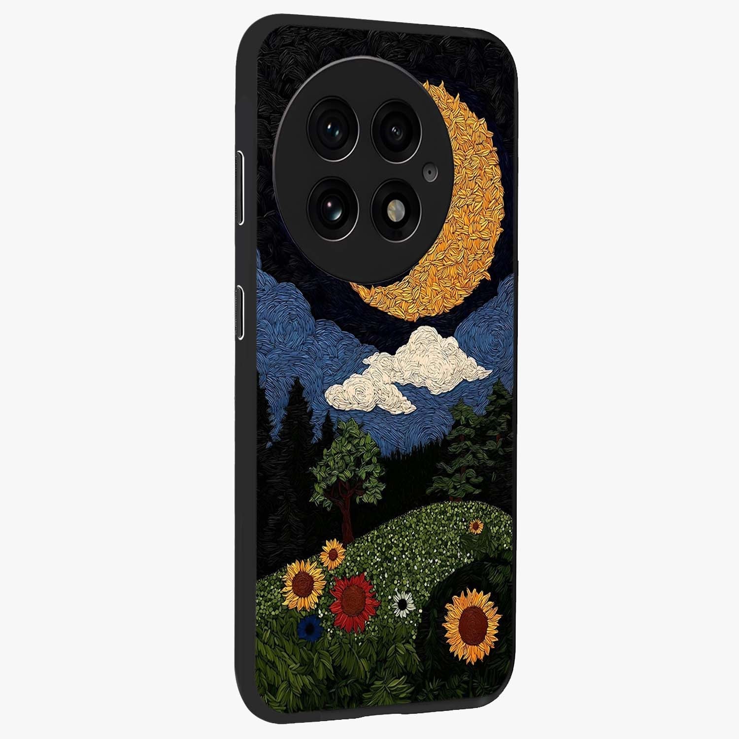 Sun and Moon Magic Design Glass Case for 1+13 side perspective highlighting celestial detailing and premium edges
