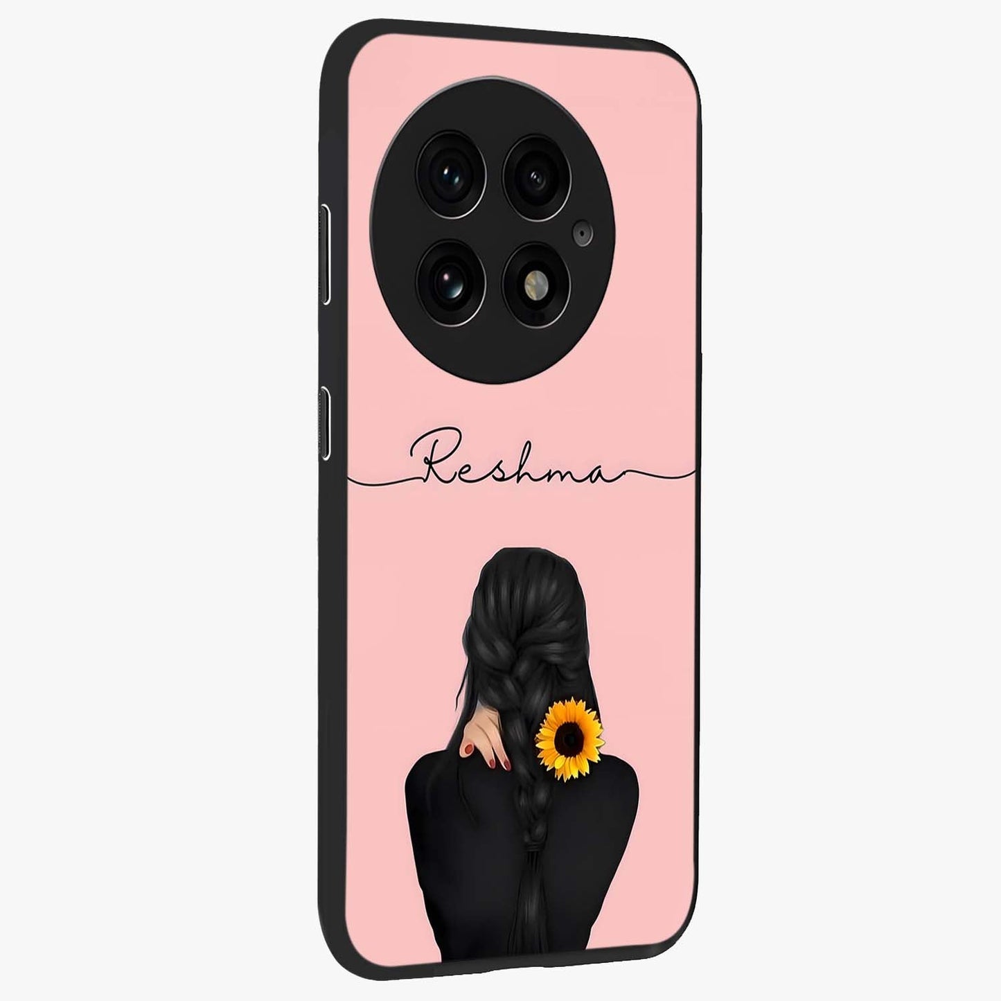 Sun Moon Flowers Glass Case for 1+13 side perspective highlighting delicate bloom textures and sleek premium build