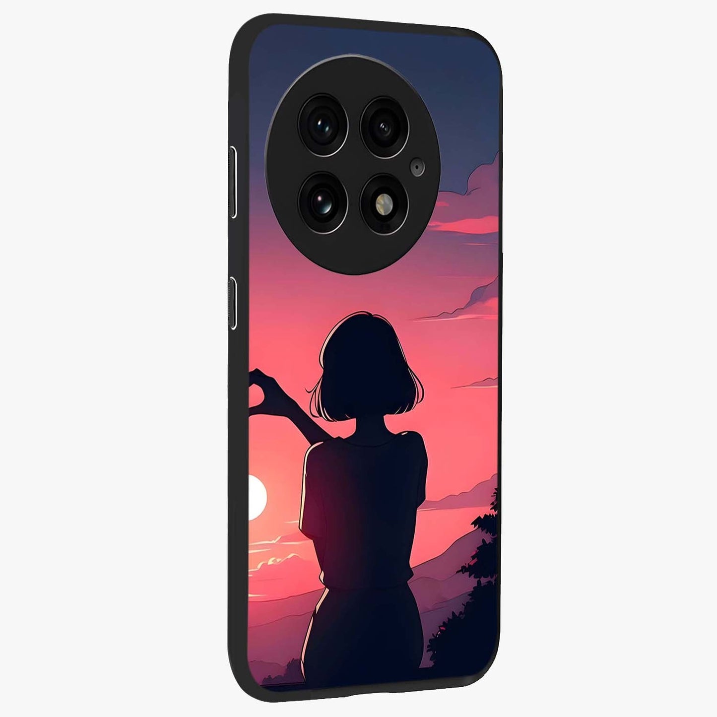 Sunset Silhouette Boy Glass Case for 1+13 side perspective highlighting dramatic horizon textures and premium edges