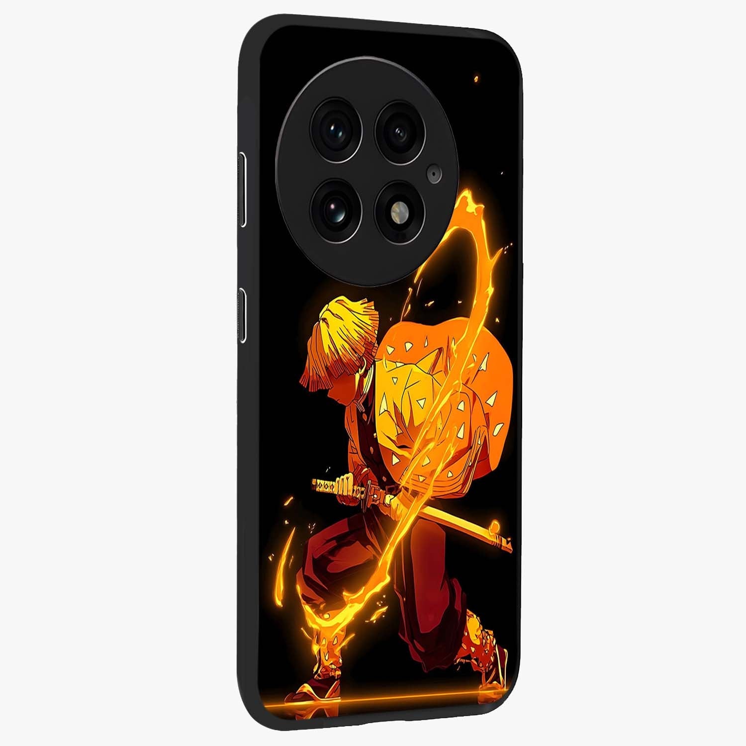 Thunder Flame Execution Glass Case for 1+13 side perspective highlighting fiery textures and premium edge finish