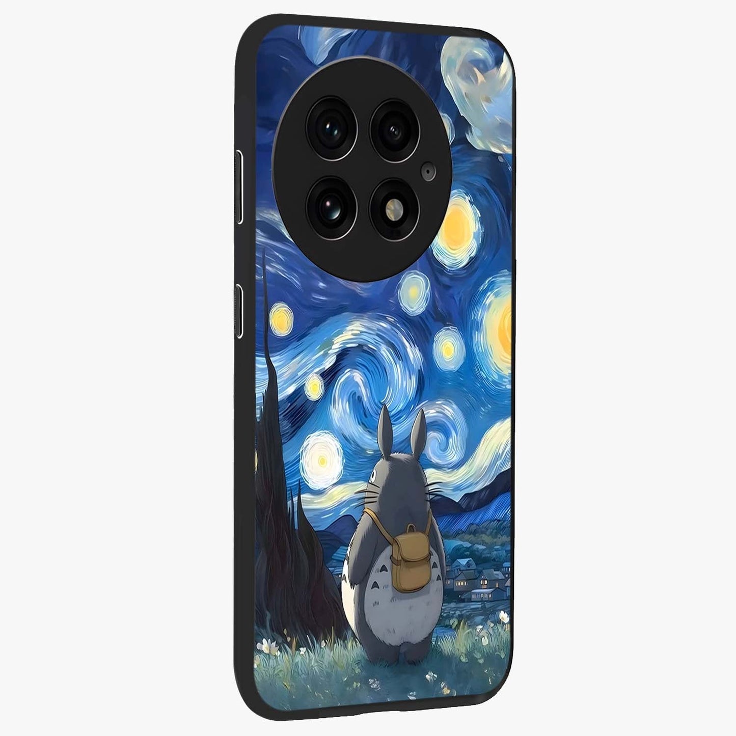 Totoro in Van Gogh Art Glass Case for 1+13 side perspective highlighting textured artistic patterns and premium edges