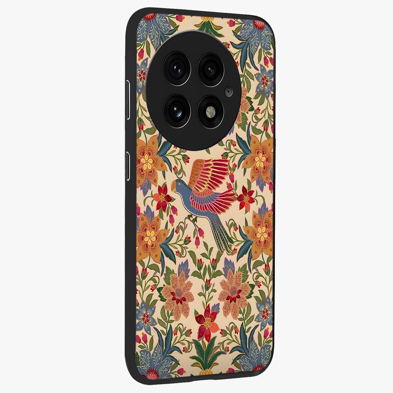 Tropical Folk Art Bird Glass Case for 1+13 side perspective highlighting detailed feather textures and premium edges