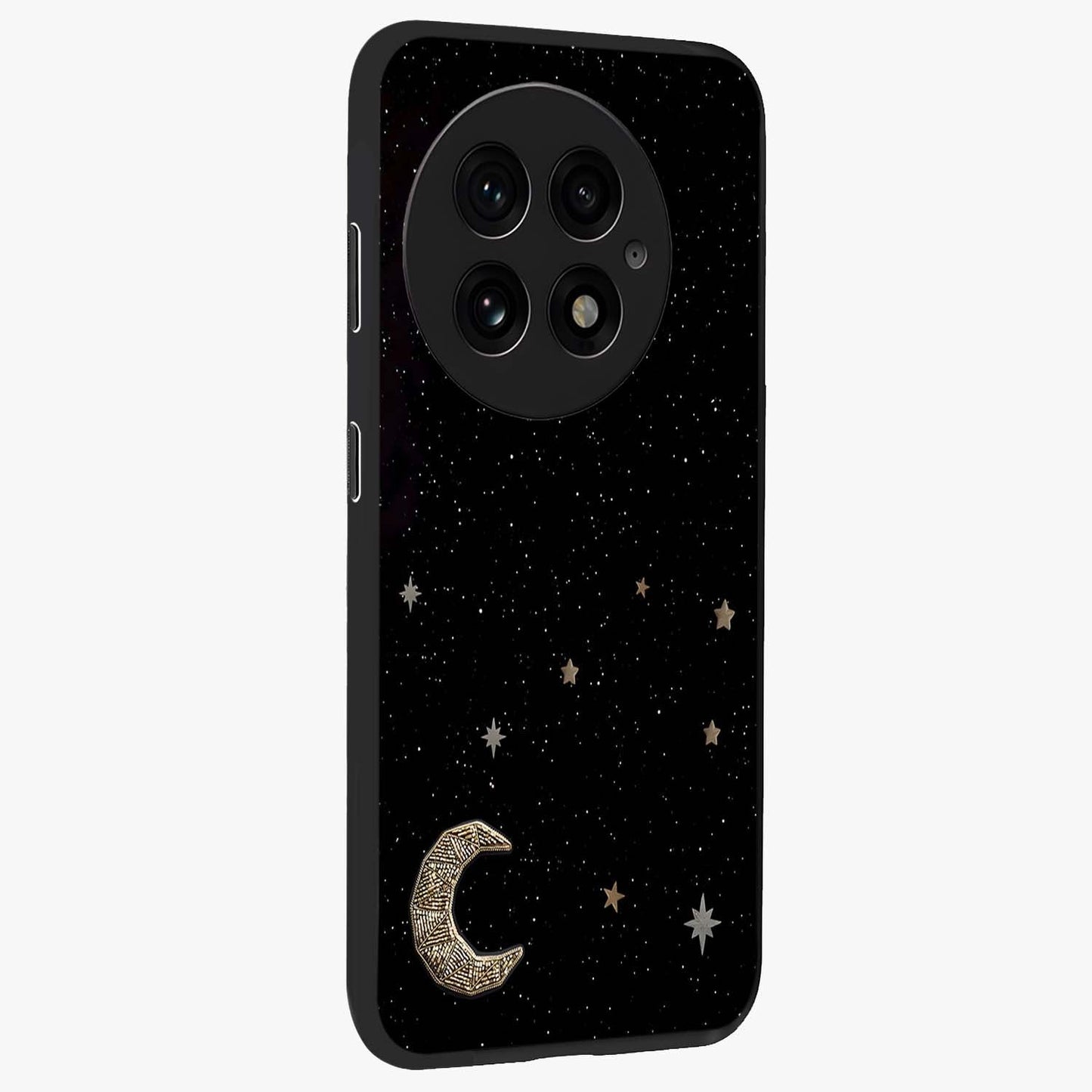 Twinkle Star With Half Moon Glass Case for 1+13 side perspective highlighting glowing star textures and smooth build