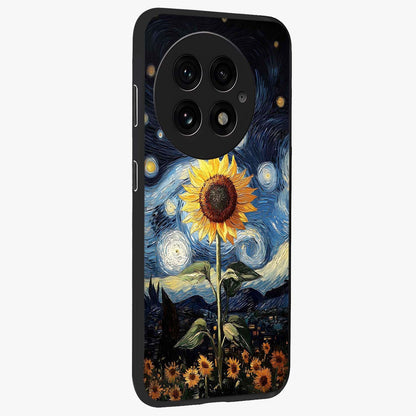 Van Gogh Sunflower Glass Case for 1+13 side perspective highlighting textured brushstroke details and premium edges