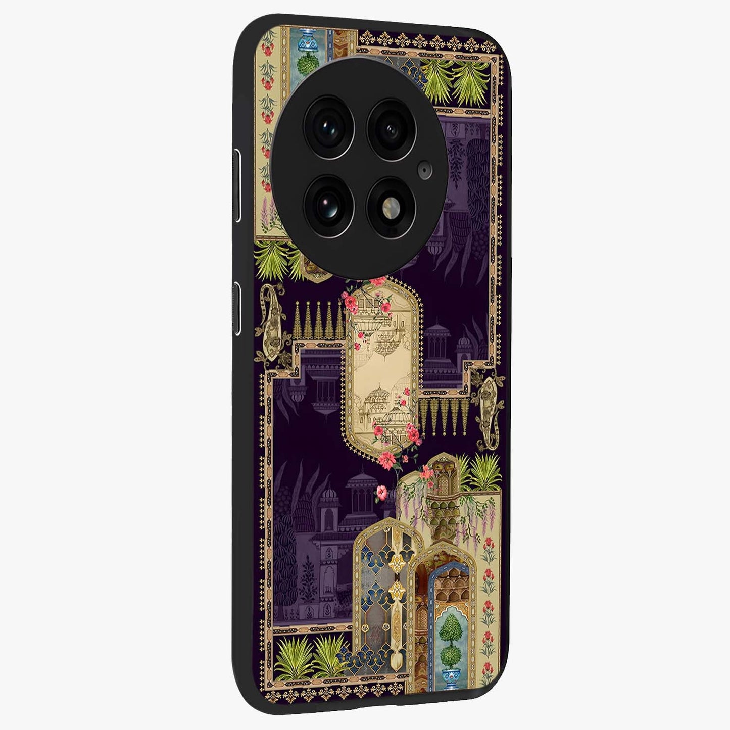 Velvet Mughal Art Glass Case for 1+13 side perspective highlighting ornate detailing and smooth premium build