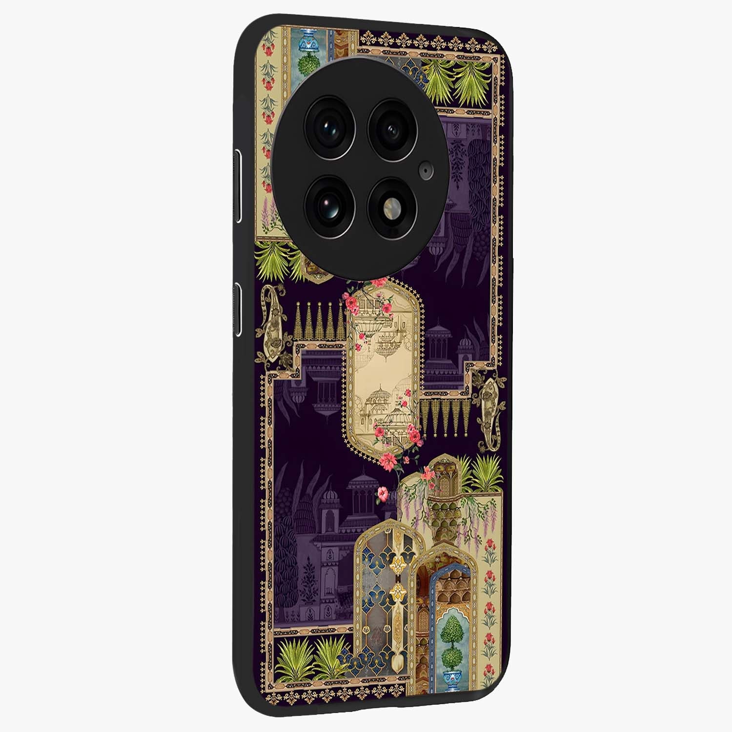 Velvet Mughal Art Glass Case for 1+13 side perspective highlighting ornate detailing and smooth premium build