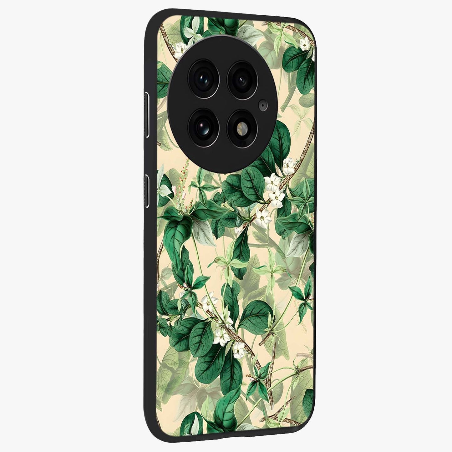 Verdant Garden Whispers Glass Case for 1+13 side perspective highlighting delicate leaf textures and premium edges