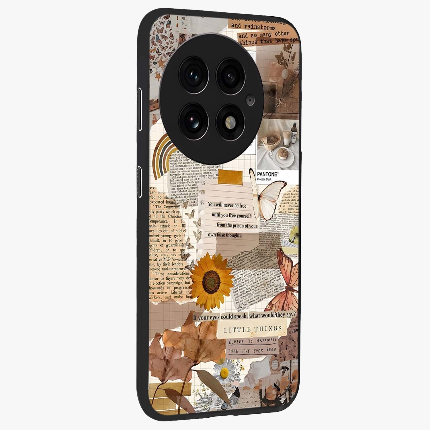 Vintage Aesthetic Collage Glass Case for 1+13 side perspective highlighting textured layers and premium edges