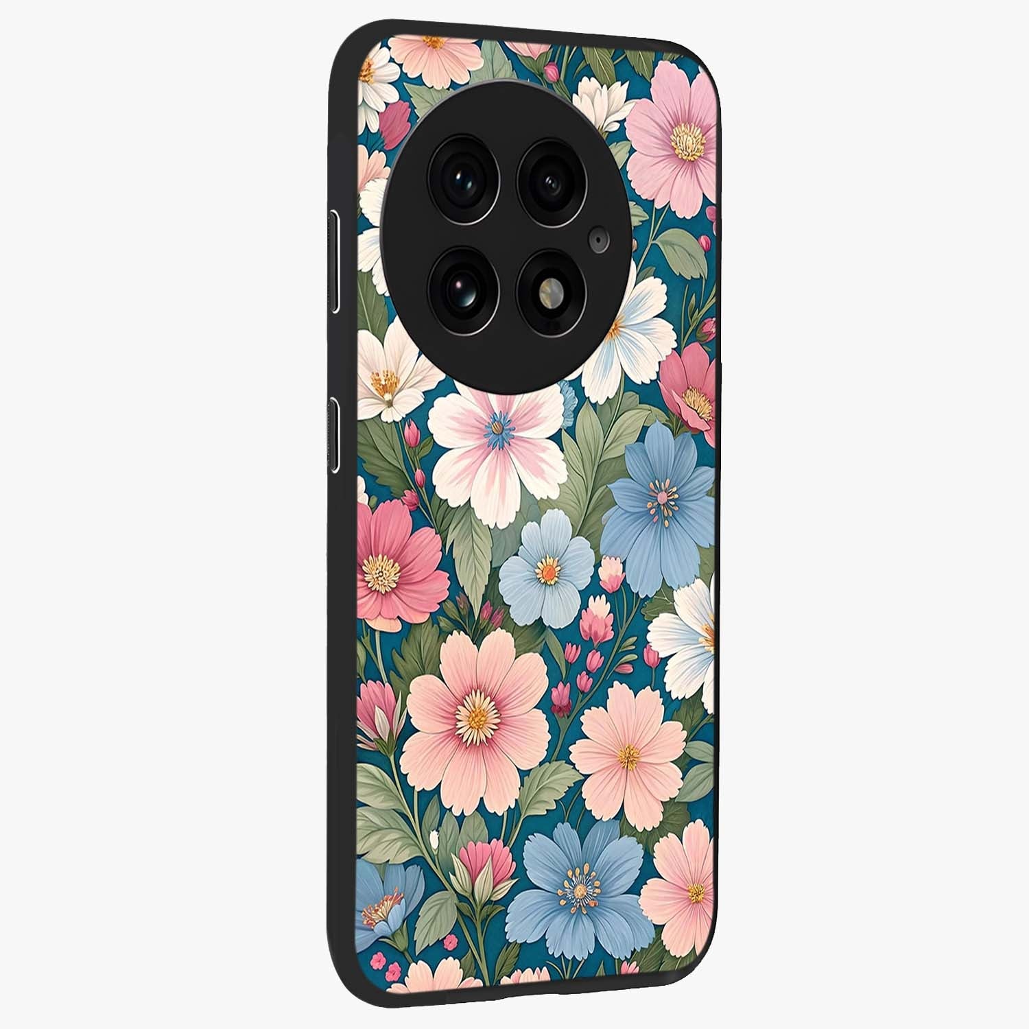 Vintage Floral Charm Glass Case for 1+13 side perspective highlighting refined floral textures and premium edges