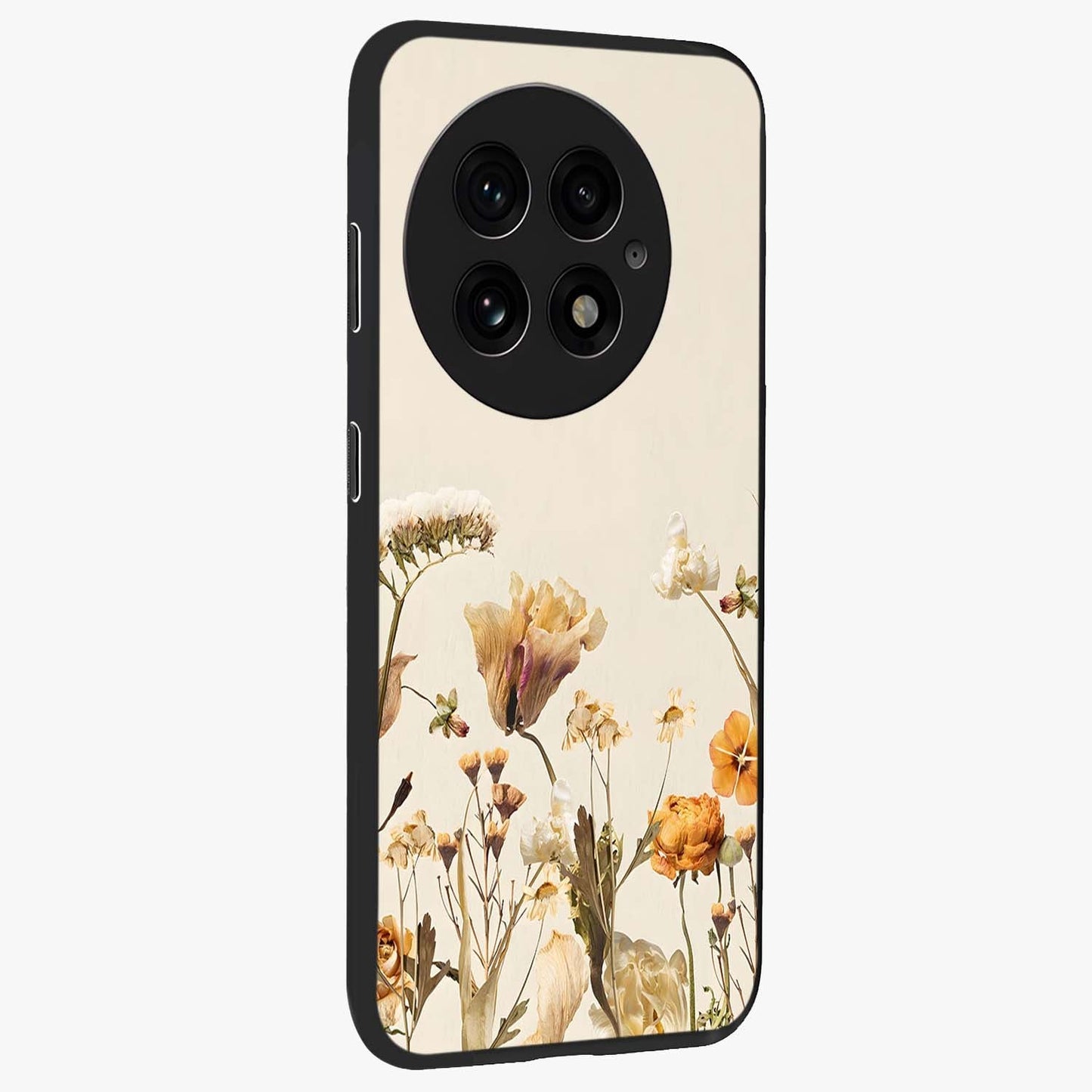 Vintage Petal Love With Custom Name Glass Case for 1+13 side perspective highlighting custom typography and delicate bloom textures