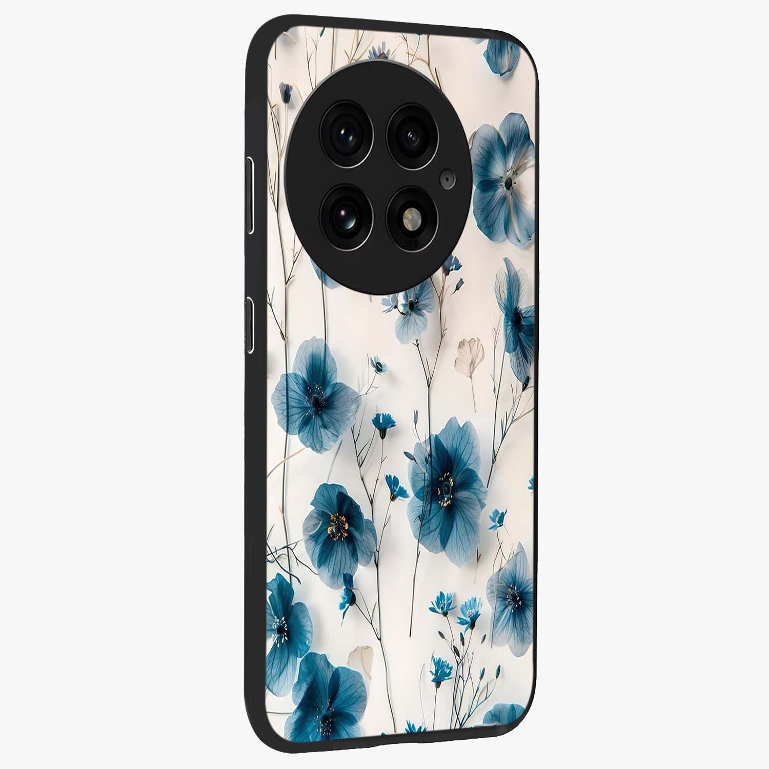 Whispers of Blue Bloom Glass Case for 1+13 side perspective highlighting intricate bloom textures and premium edges