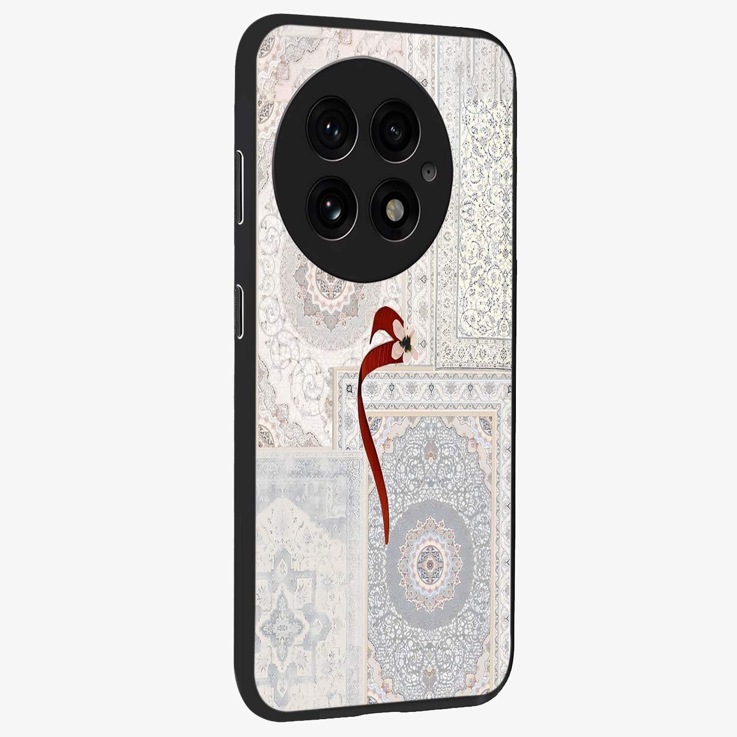 White Aesthetic Bow Glass Case for 1+13 side perspective highlighting subtle textures and smooth premium build