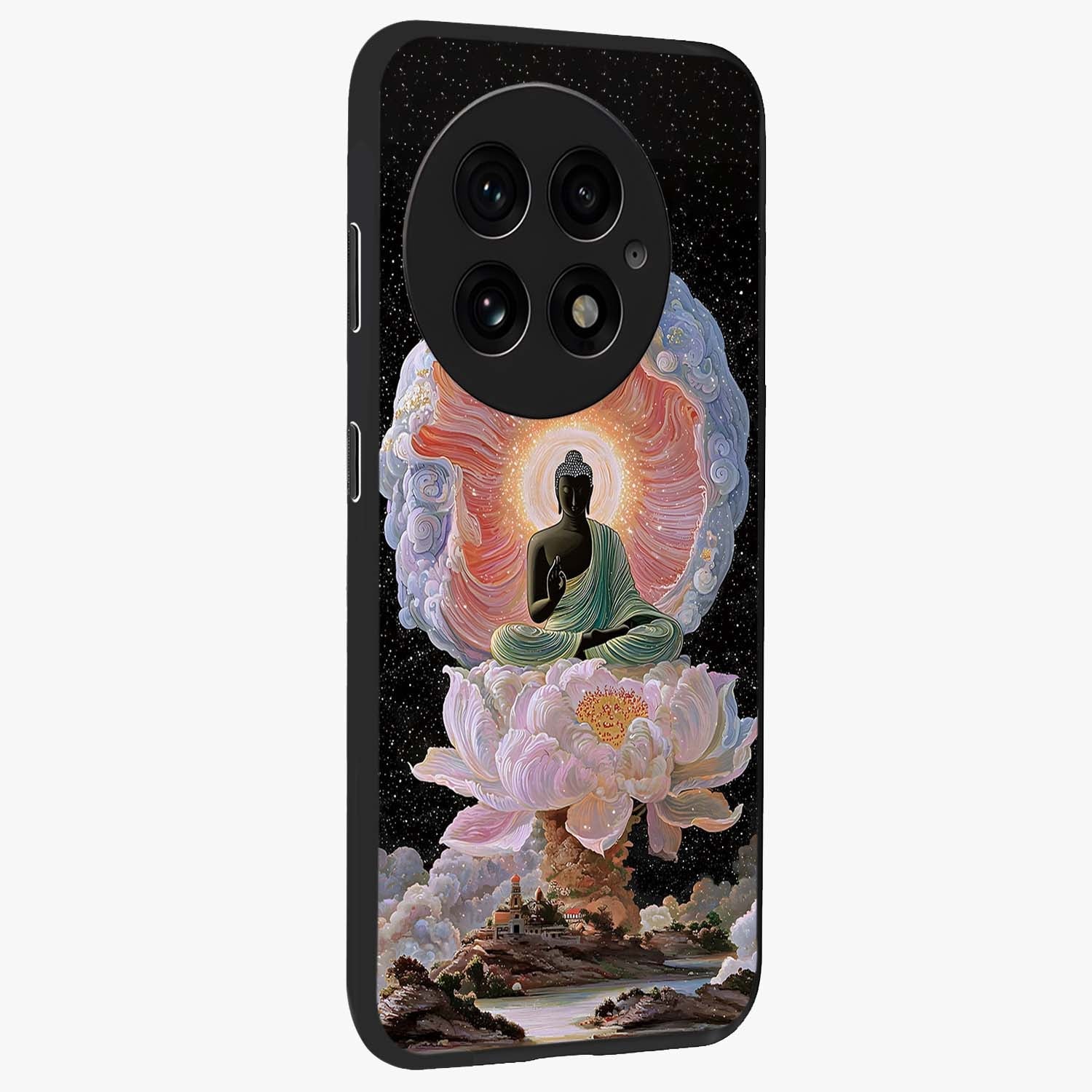 Zen Lotus Realm Glass Case for 1+13 side perspective highlighting refined textures and smooth premium build