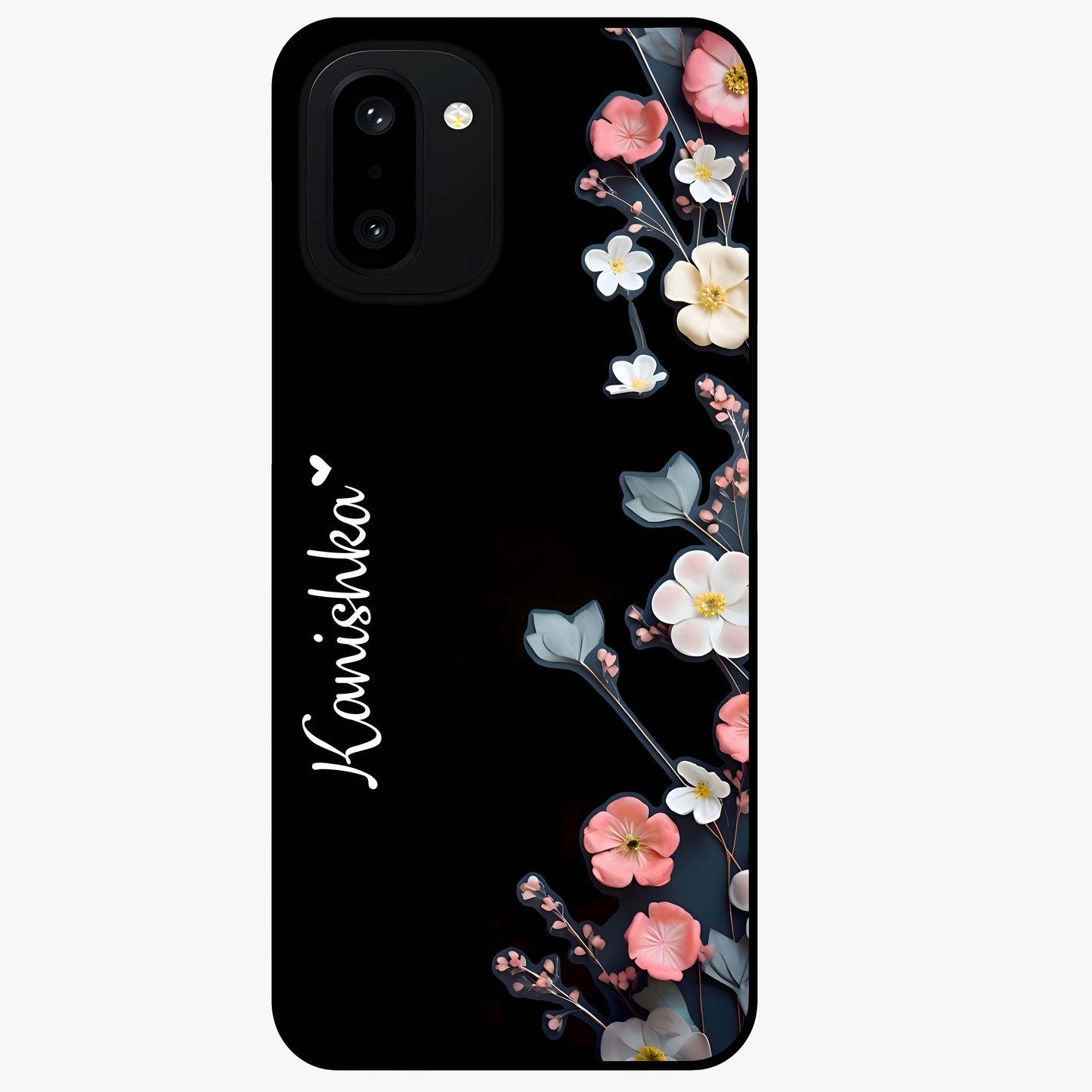 Black Elegance Floral Custom Name Glass Case for OnePlus 15R |1+15R