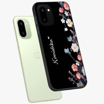 Black Elegance Floral Custom Name Glass Case for OnePlus 15R |1+15R