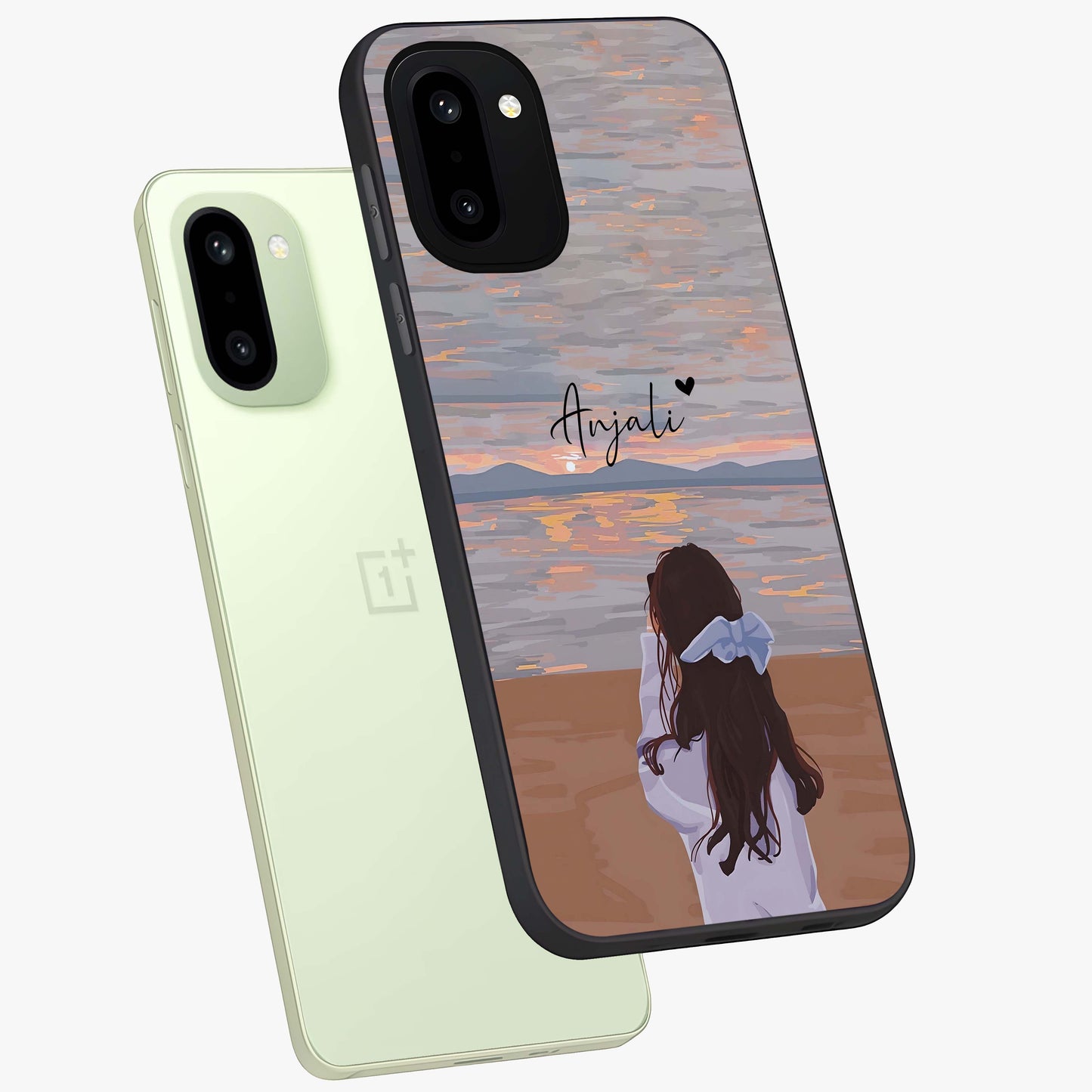 Girl Facing Sunset Beach Custom Name Glass Case for OnePlus 15R |1+15R