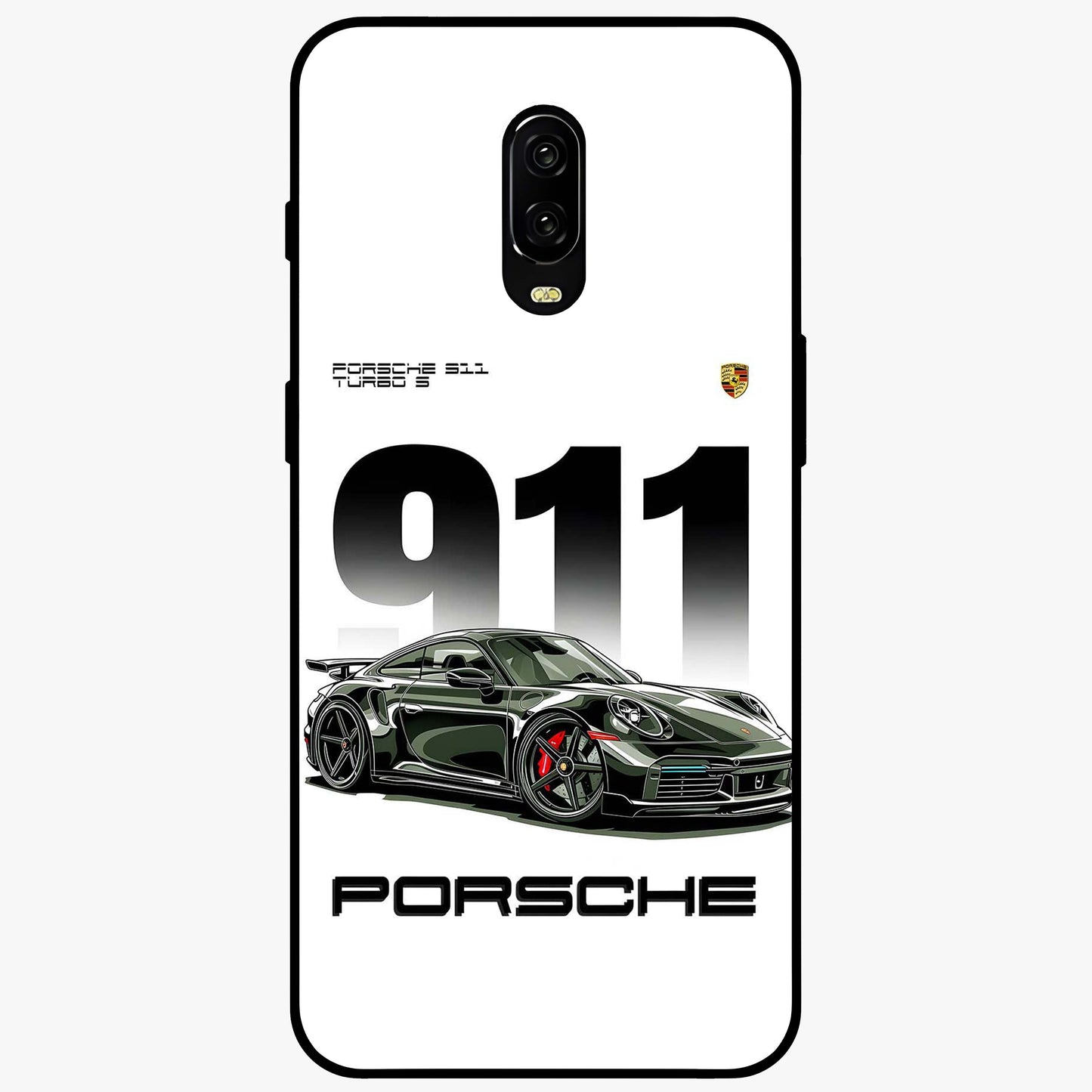 911 Turbo Dominance Glass Case showing clean flat back view with bold 911 sports car artwork and glossy glass finish.