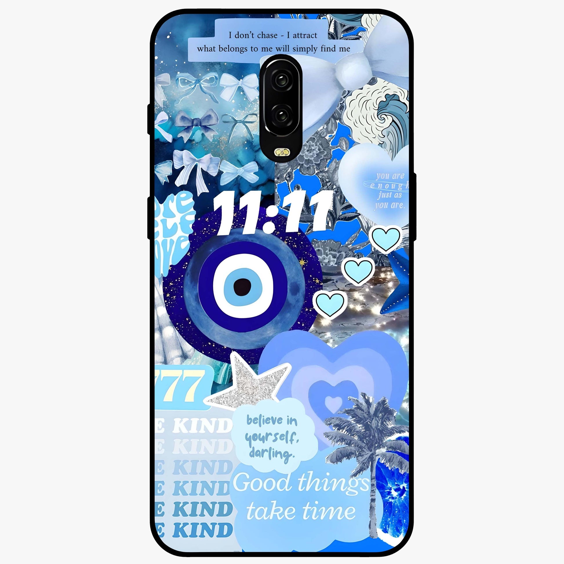 Aesthetic Be Kind Eye Glass Case showing flat back view with motivational eye artwork and glossy glass finish.