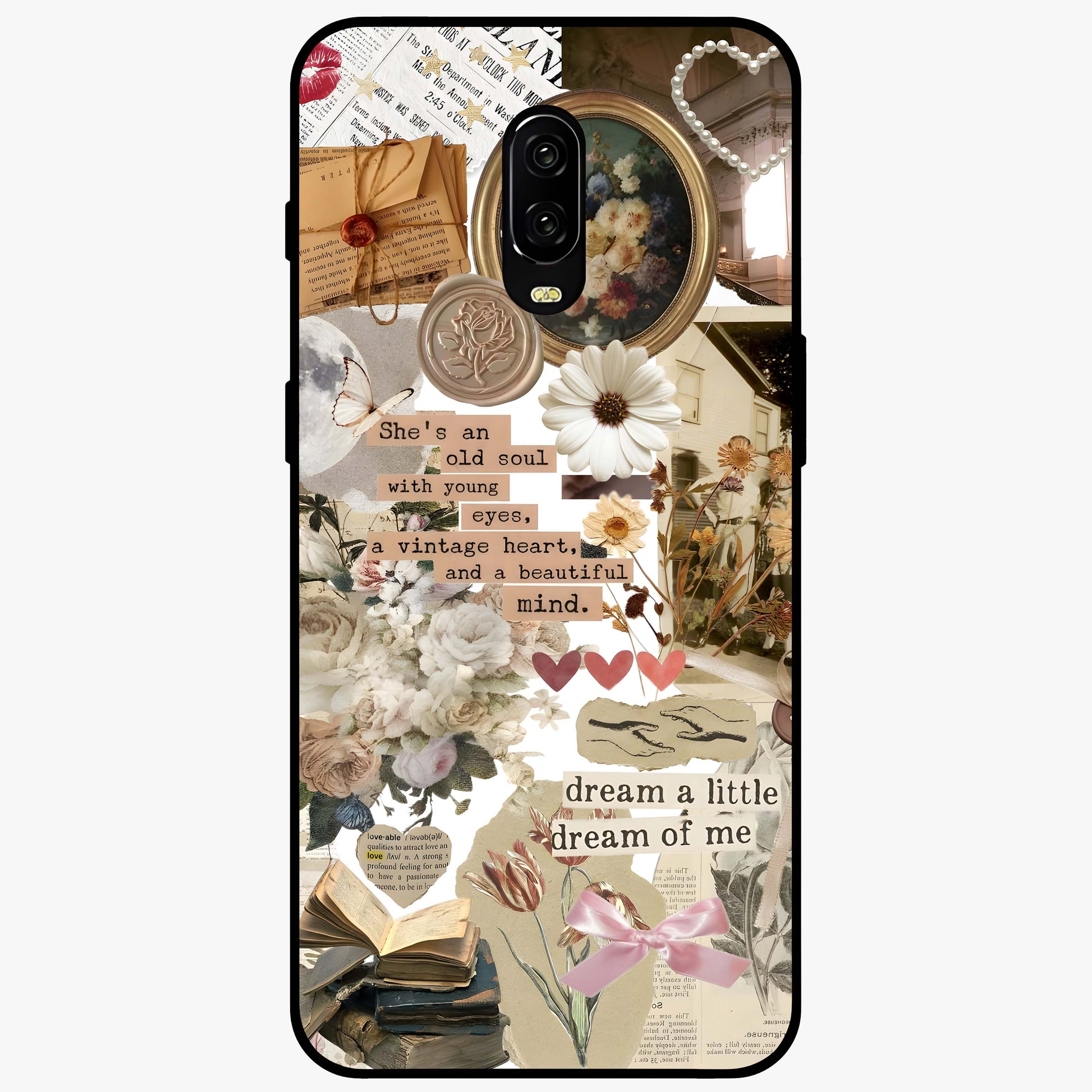 Aesthetic Brown Vintage Collage Glass Case showing flat back view with retro collage artwork and glossy glass finish.