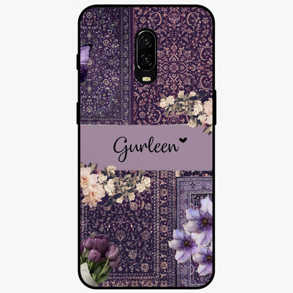 Antique Floral Whisper Custom Name Glass Case showing flat back view with vintage floral artwork and personalized name design.